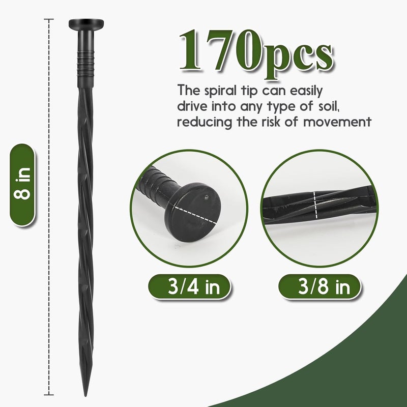 Garaook Landscape Edging Stakes, 170 Pcs 8" Plastic Garden Spikes, Spiral Nylon Anchoring Spikes for Paver Edging, Weed Barriers, Artificial Turf, Tent, Grass Pathway and More, Black - Image 4